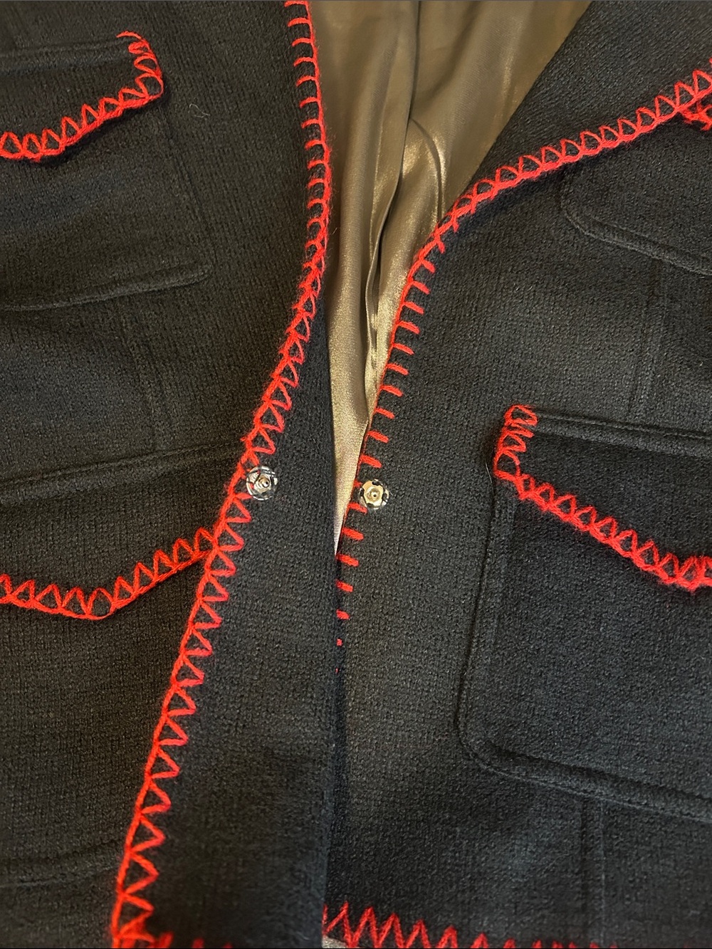 Black Wool Sweater Blazer Jacket Cardigan Red Trim Women Large L - Picture 10 of 16